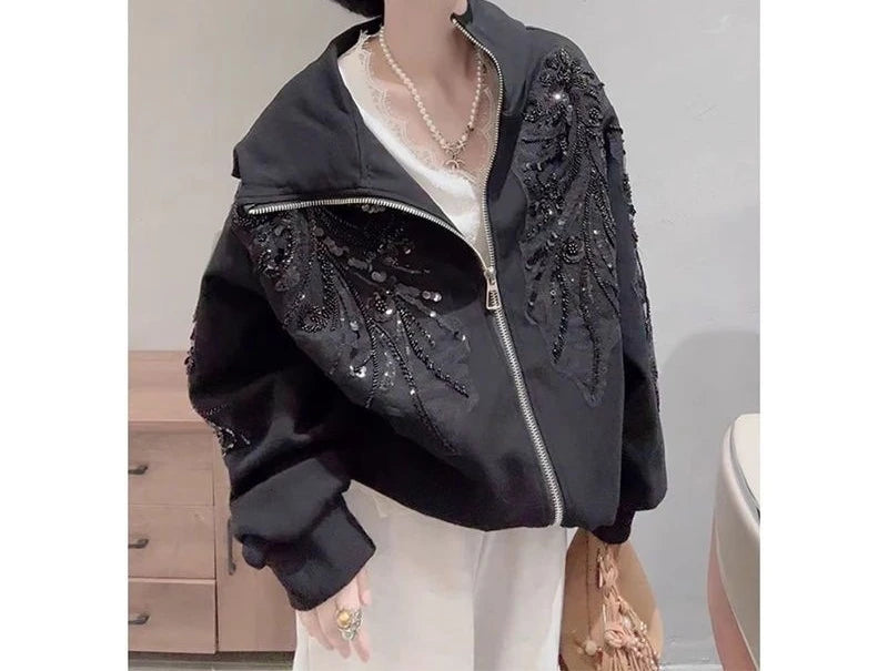 Glitter Hooded Sweatshirt Jacket for Spring New Style Versatile and Solid Color Top