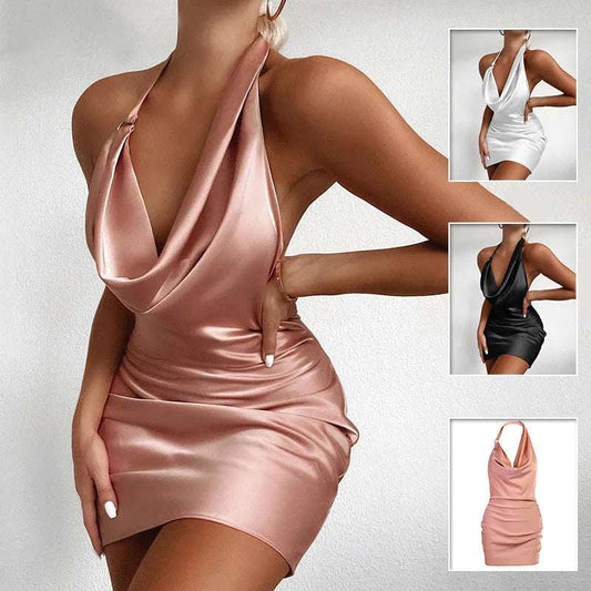 Sleeveless backless halter-neck mini dress with pleated design perfect for summer parties and beach days