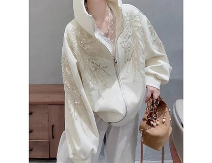 Glitter Hooded Sweatshirt Jacket for Spring New Style  Versatile and Solid Color Top