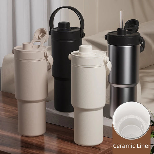 Ceramic Tumbler with Straw Portable Handle Cold Coffee Thermos 735ML 24OZ Inner Ceramics Lined insulated Travel Mug Water Bottle