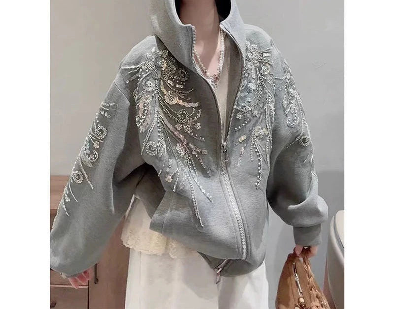 Glitter Hooded Sweatshirt Jacket for Spring New Style  Versatile and Solid Color Top