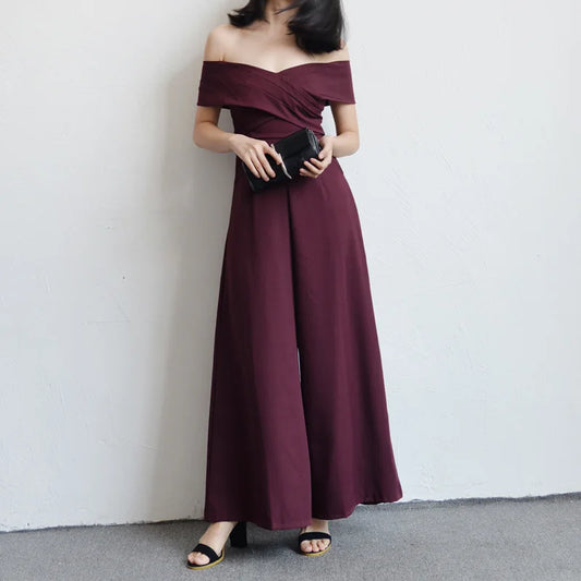 2022 Spring autumn women casual full length solid chiffon jumpsuits off shoulder elegant loose playsuits wide leg romper