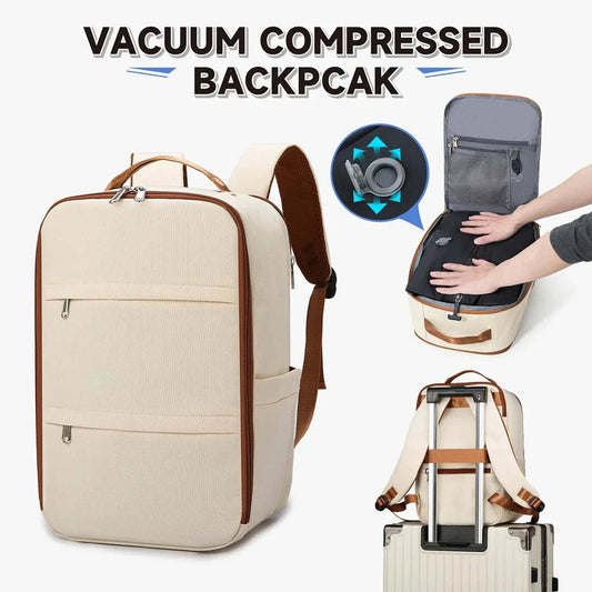 Vacuum compression travel backpack for men and women with zipper closure and air cushion belt system