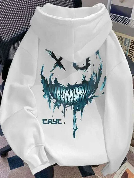 Men's hooded sweatshirt with clown print, thick fleece material, casual autumn and winter style