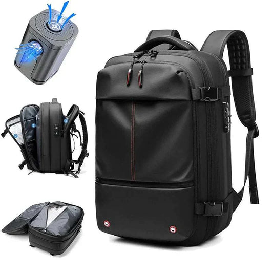 Travel men 17 inch laptop backpack with large capacity, soft handle, polyester lining, and multiple interior pockets for business and outdoor use