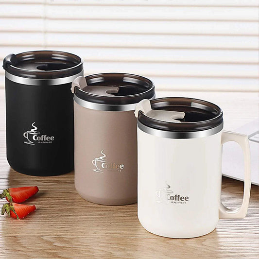 Portable thermos coffee mug with handle, 304 stainless steel, double wall insulated for hot and cold beverages