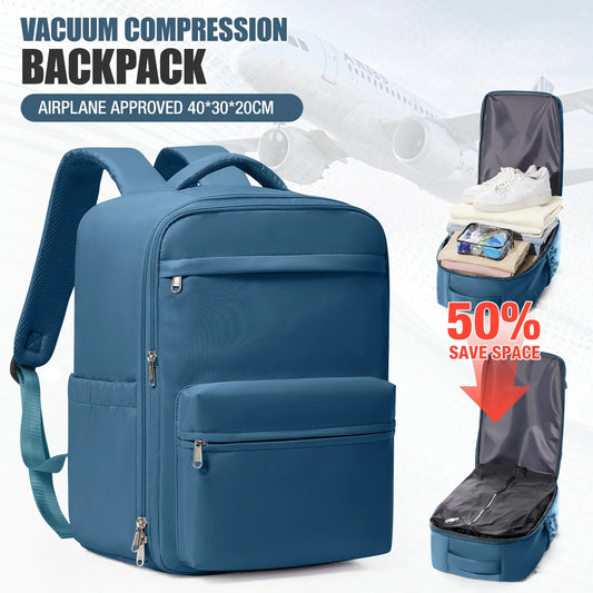 Vacuum compression travel backpack nylon softback unisex 20-35L cabin bag with air cushion belt and silt pocket