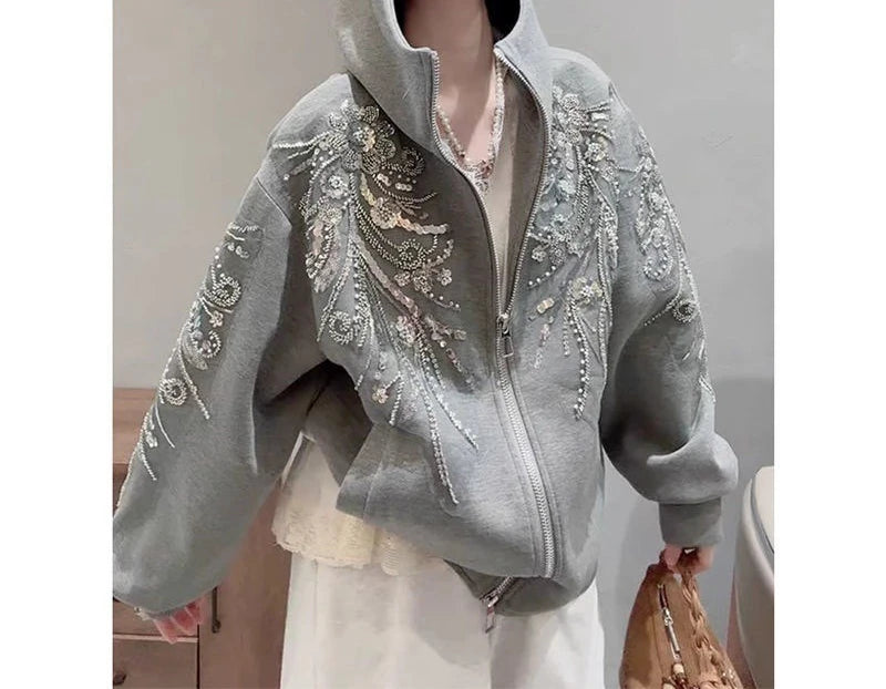 Glitter Hooded Sweatshirt Jacket for Spring New Style  Versatile and Solid Color Top