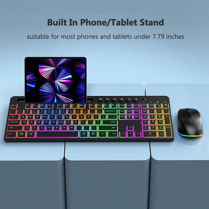 Wireless Keyboard and Mouse Combo with Backlit Full Size Ergonomic Keyboard with Phone Tablet Holder 2.4G Mouse for PC Laptop