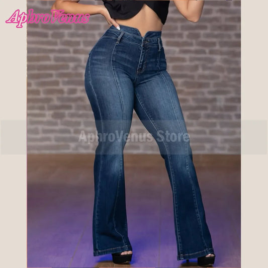2025 Women High Waist Flared Jeans High Street Y2k Blue Denim Bell Bottom Trousers Elastic Butt-lifted Jeans