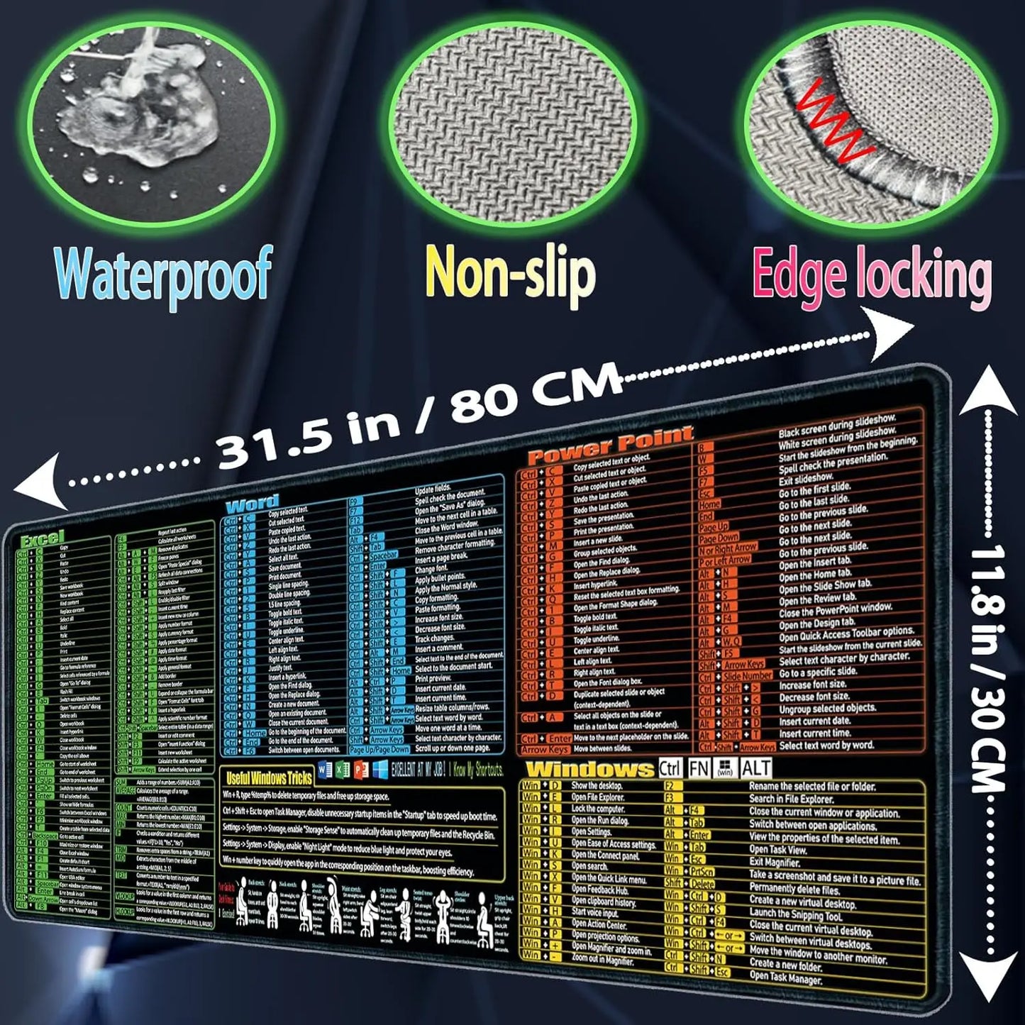 Excel/Word/Power Point/Windows Mouse pad,Non-Slip Large Gaming Office pc Desk mat Over 200 Keyboard Shortcuts Mousepad