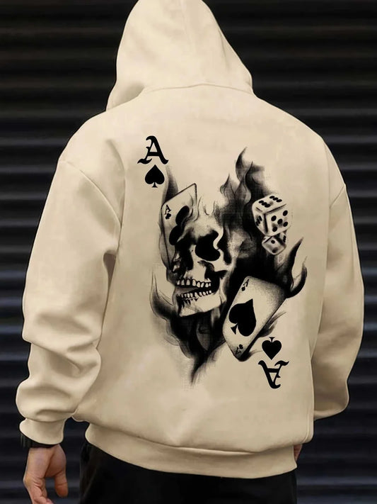Mens fashion hooded sweatshirt with skull print, autumn winter casual fleece pullover, loose fit long sleeve polyester hoodie