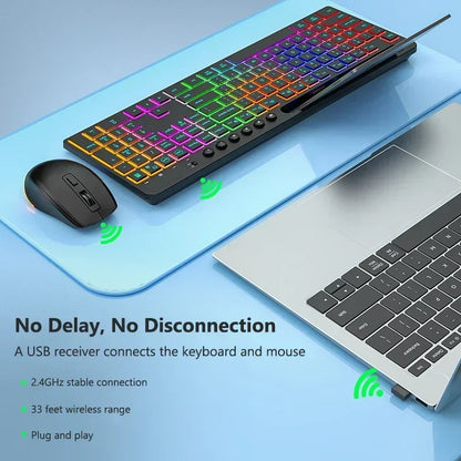 Wireless Keyboard and Mouse Combo with Backlit Full Size Ergonomic Keyboard with Phone Tablet Holder 2.4G Mouse for PC Laptop