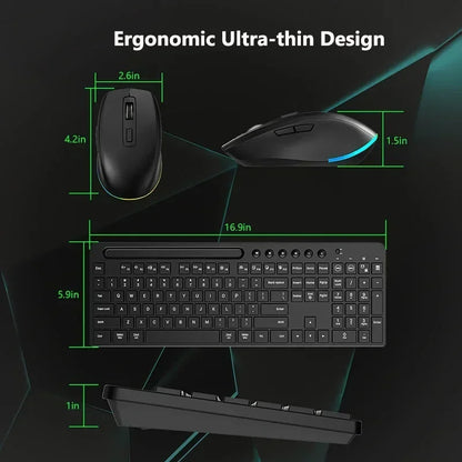 Wireless Keyboard and Mouse Combo with Backlit Full Size Ergonomic Keyboard with Phone Tablet Holder 2.4G Mouse for PC Laptop