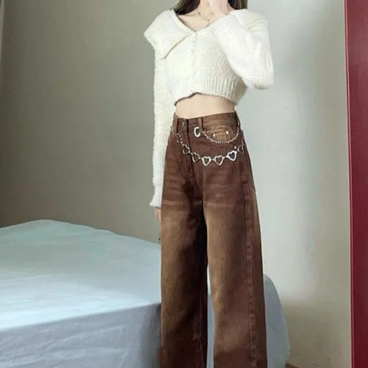 Women's Jeans High Waist Shot Pants for Woman Straight Leg Brown Trousers with Pockets Retro 2025 Korean Style Quality Vibrant A