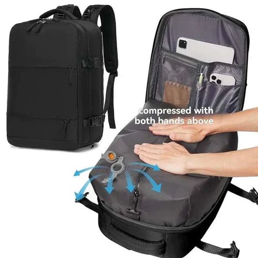 Expandable vacuum sealed travel backpack with built-in air pump and laptop compartment