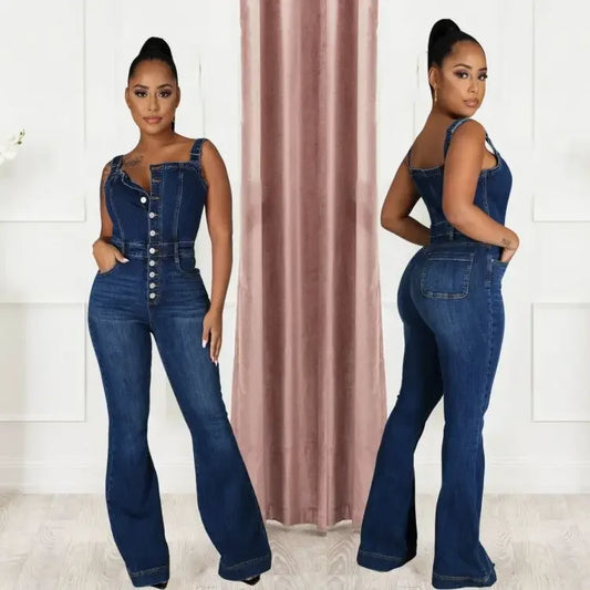 Women's Fashion Casual Sexy Denim Bib Jumpsuit Wide Leg Pants Jeans Woman