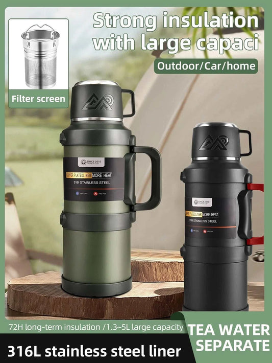 Large stainless steel thermos with 2.5L vacuum insulation for travel and camping