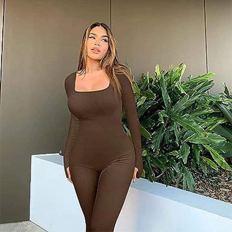 Woman wearing a seamless long-sleeve yoga jumpsuit for activewear and yoga sessions